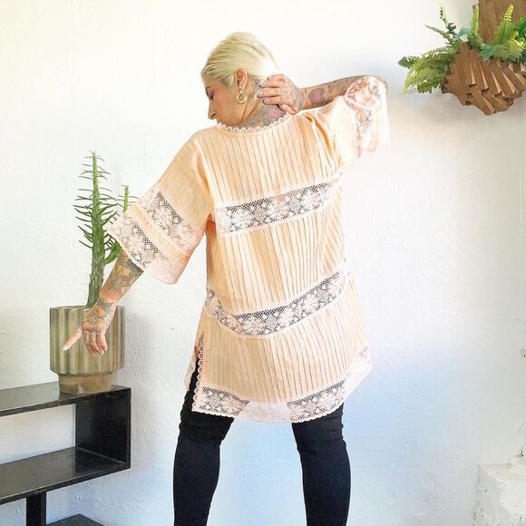 PINTUCKED 70’s 70s Vintage PEACH LACE MEXICAN Tunic Swim Cover Top Blouse Xl XXL - Picture 8 of 10
